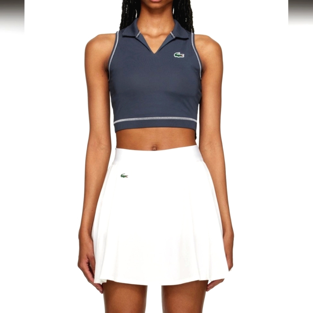 Lacoste Navy Sleeveless Cropped Polo Top with White Trim